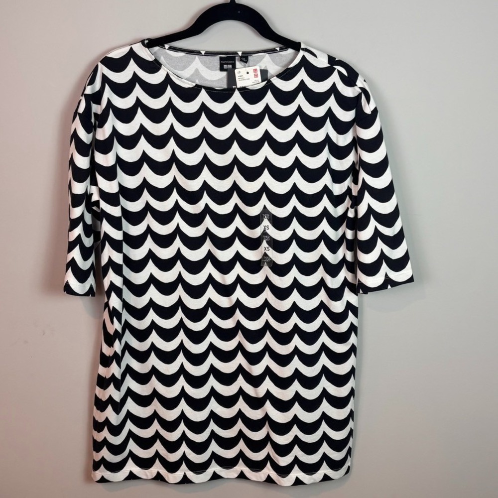 NEW Marimekko X Uniqlo Women's Black & White Waves Tunic T-Shirt Top US sz XS